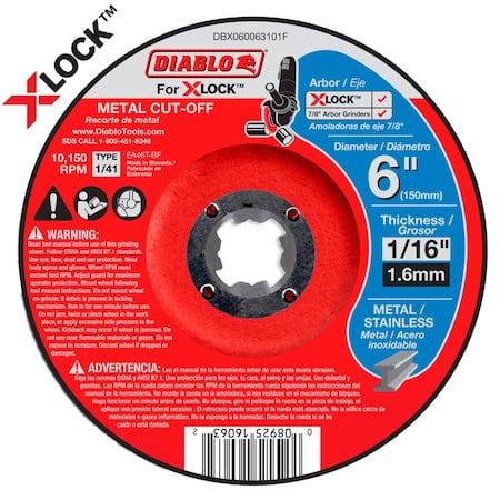 Type 1/41 Metal Cut-Off Disc for X-Lock, 6 in Dia, 1/16