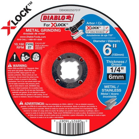 Type 27 Metal Grinding Disc for X-Lock a, Type 27, 6 in Dia, 1/4