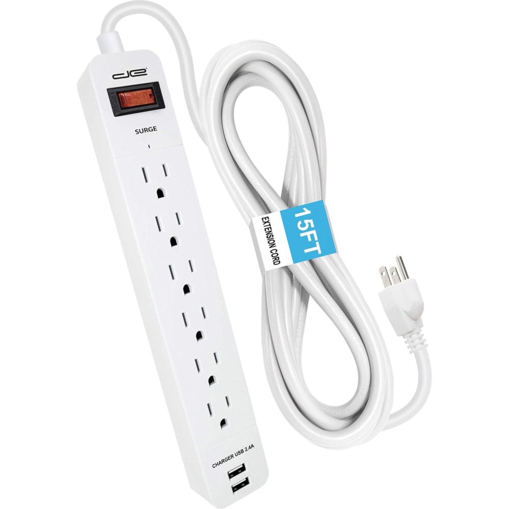 Digital Energy World 6-Outlet Surge Protector Power Strip with 2 USB Ports and 15-Foot Cord (White) - ENR11005 MPN:ENR1-1005