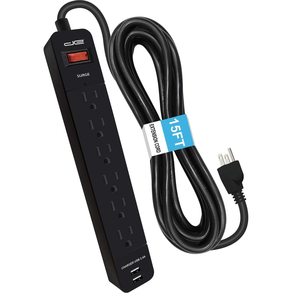 Digital Energy World 6-Outlet Surge Protector Power Strip with 2 USB Ports and 15-Foot Cord (Black) - ENR11007 MPN:ENR1-1007