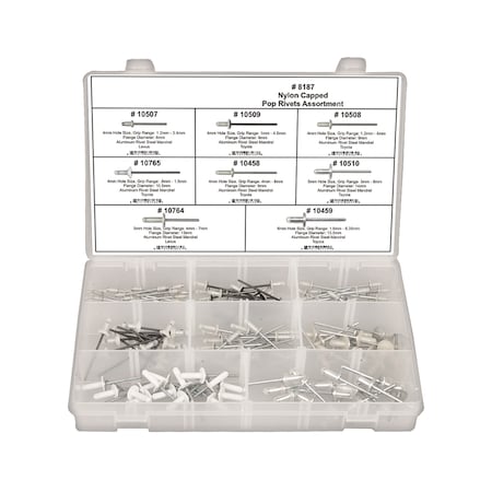 Rivet Assrtmnt, Nylon, Capped Pop, 120 pcs. MPN:8187