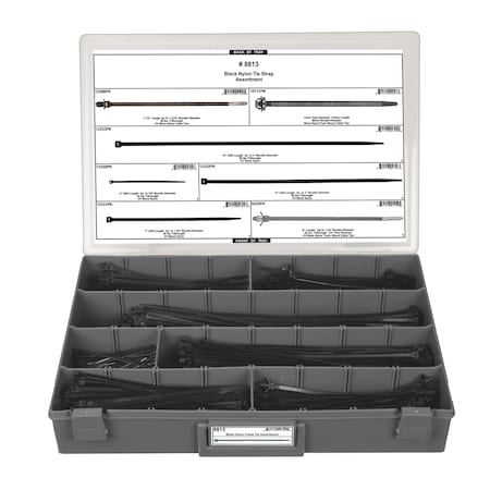 Cable Tie Assortment, 4 in, 7 in, 7-1/2 in, 8 in, 11 in, 14 in, 170 mm L, Black, Nylon MPN:8813