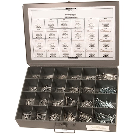 Zinc Finish Cotter Pin Assort 24 Hole Gray Metal Tray MPN:8531
