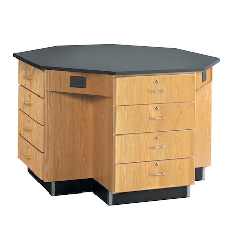 Octagon Workstation with Drawers, Oak, Wood Frame, 56 in W, Black/Red MPN:1546KF
