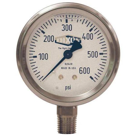 Liquid Fill SS Gauge Lower Mnt, 0-1000psi, 1/4 in NPT Lower Location, Stainless Steel Case Material MPN:GLS435