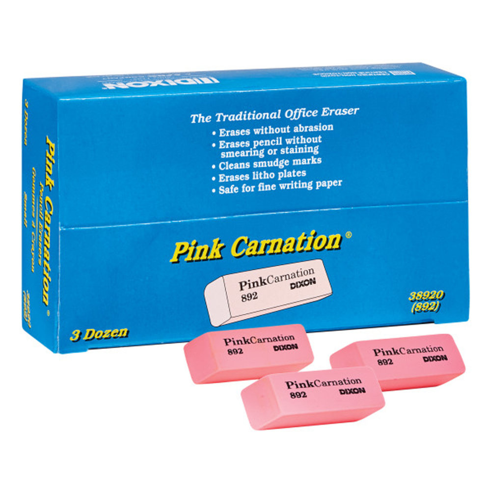 Dixon Carnation Erasers, 2inH x 3/4inW x 7/16inD, Pink, Pack Of 36 Erasers MPN:DIX38920