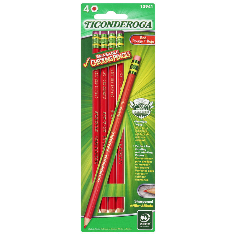 Ticonderoga Erasable Checking Pencils, 2.6 mm, Red, Pack Of 4 Pencils MPN:13941