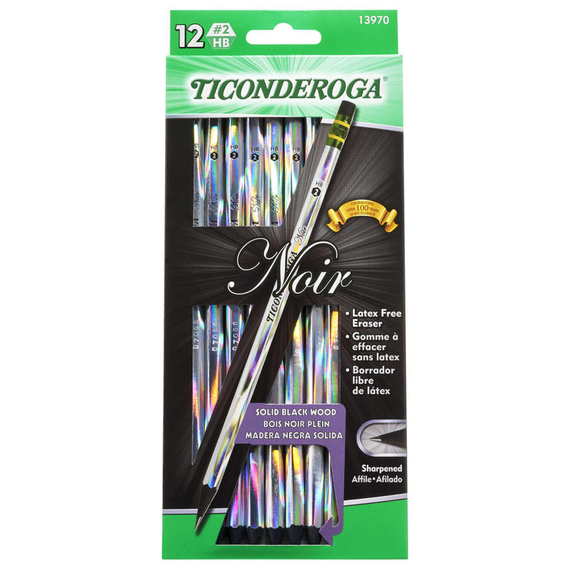 Ticonderoga Noir Black Wood Pencils, #2 Soft Lead, Pre-Sharpened, Black/Silver, Pack Of 12 Pencils MPN:13970