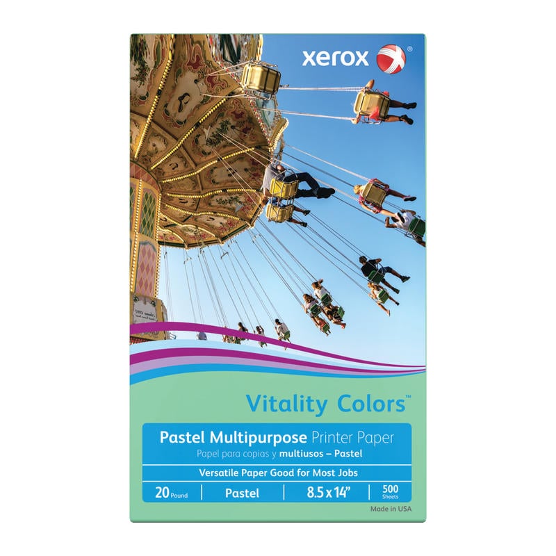 Xerox Vitality Colors Color Multi-Use Printer & Copier Paper, Legal Size (8 1/2in x 14in), Ream Of 500 Sheets, 20 Lb, 30% Recycled, Green (Min Order Qty 6) MPN:3R11075
