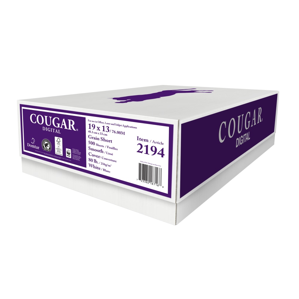 Cougar Digital Printing Paper, 19in x 13in, 98 (U.S.) Brightness, 80 Lb Cover (216 gsm), FSC Certified, Case Of 500 Sheets MPN:2194