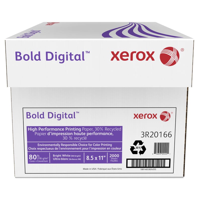 Xerox Bold Digital Printing Paper, Letter Size (8 1/2in x 11in), 2000 Sheets Total, 98 (U.S.) Brightness, 80 Lb Cover (216 gsm), 30% Recycled, FSCCertified, 250 Sheets Per Ream, Case Of 8 Reams MPN:3R20166