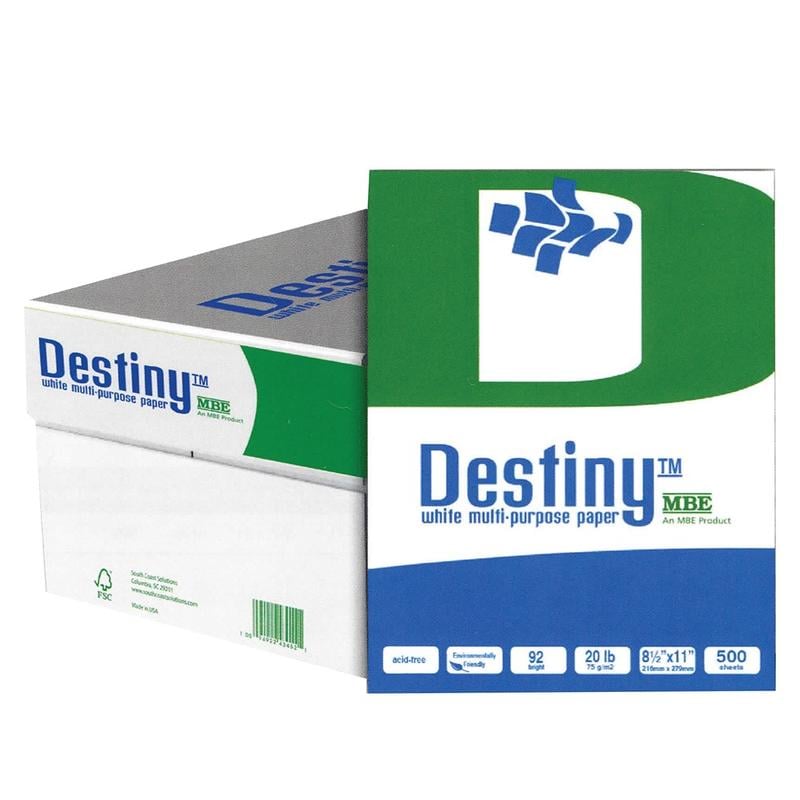 Destiny Multi-Use Printer & Copy Paper, White, Letter (8.5in x 11in), 5000 Sheets Per Case, 20 Lb, 92 Brightness, Case Of 10 Reams MPN:PACZP2611