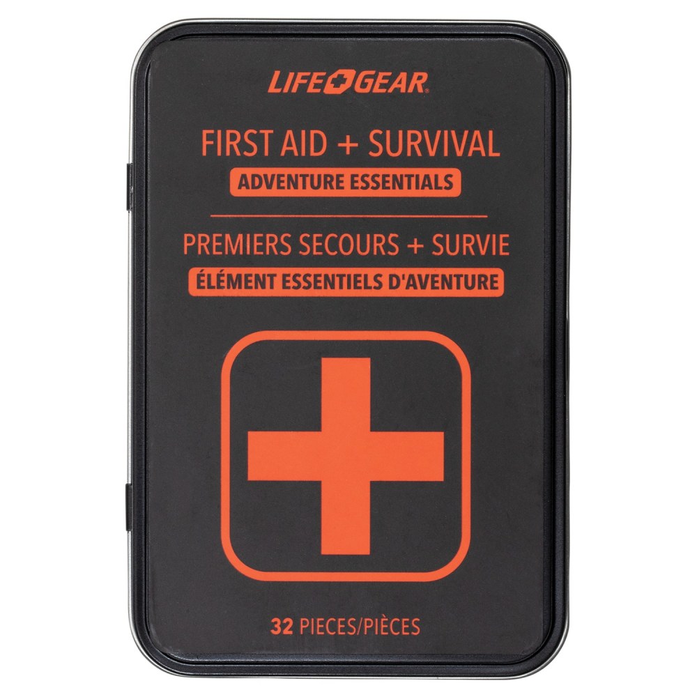 Life+Gear First Aid And Survival Essentials Tin, 5-1/2inH x 1inW x 4-5/16inD, Black, Set Of 32 Pieces MPN:41-3803