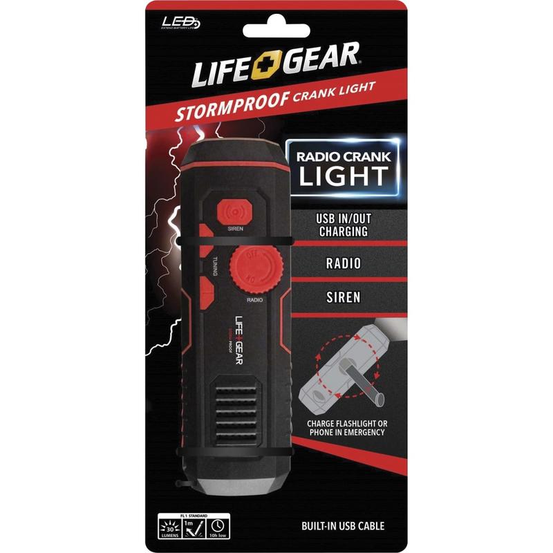 Life+Gear 120-Lumen Rechargeable Stormproof USB Crank Flashlight And Radio, 6-1/4in x 2in, Black/Red MPN:LG38-60675-RED