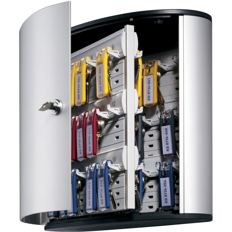 Durable 54-Key Locking Tag-Style Aluminum Key Tag Cabinet, 11in x 11 3/4in x 4 5/8in, Silver MPN:195323