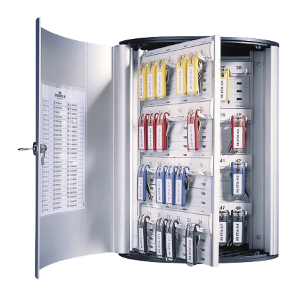 Durable 72-Key Locking Tag-Style Aluminum Key Tag Cabinet, 15 3/4in x 11 3/4in x 4 5/8in, Silver MPN:195523