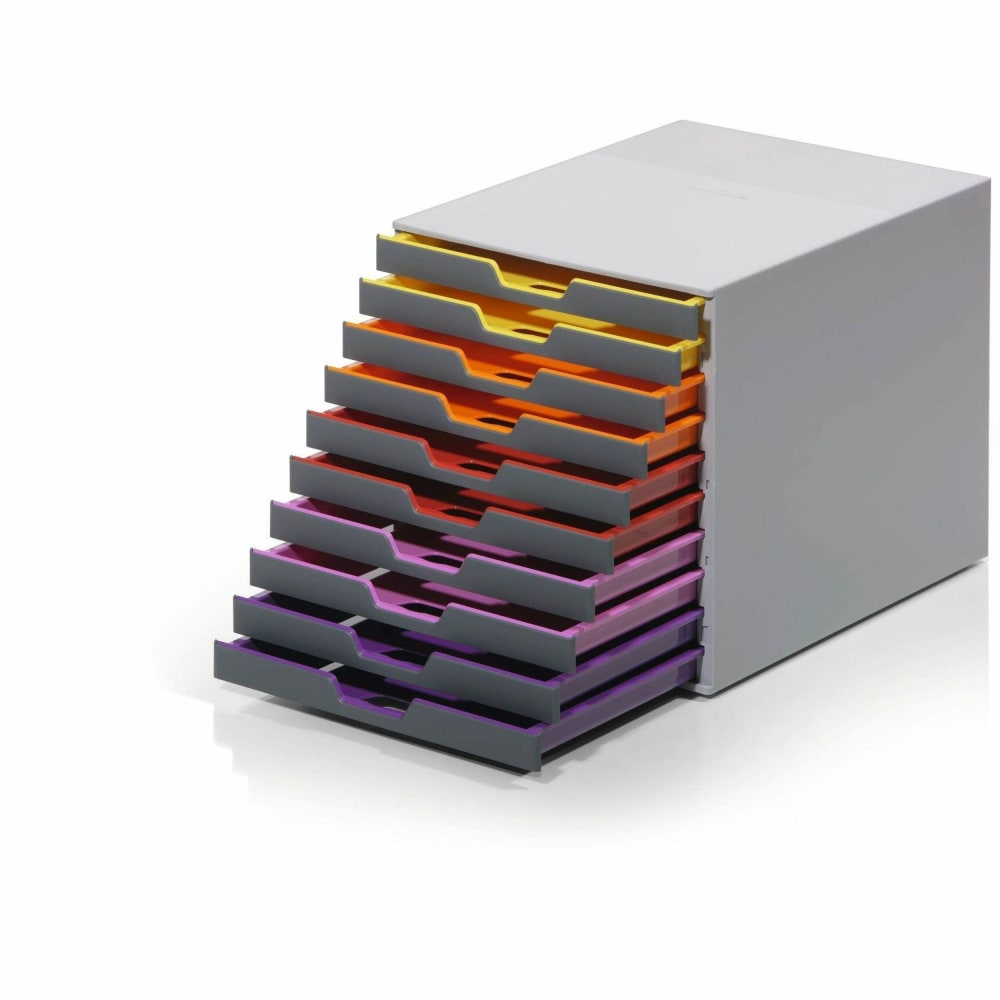 DURABLE VARICOLOR Desktop 10 Drawer Organizer - 11in W x 11-3/8in H x 14in D - 10 Drawers - Color Labeled Tabs - Charcoal MPN:761027