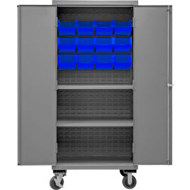 Durham Mfg.® Mobile Cabinet with 2 Adjustable Shelves 12 Blue Bins 16 Ga. 36