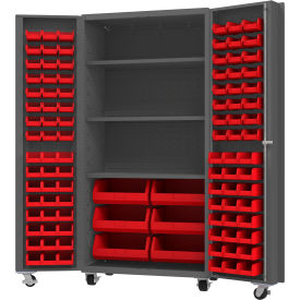 Durham Mfg.® Mobile Heavy Duty Cabinet w/ 3 Shelves & 102 Red Bins 14 Ga. 36