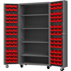 Durham Mfg.® Mobile Heavy Duty Cabinet w/ 4 Shelves & 96 Red Bins 14 Ga. 36