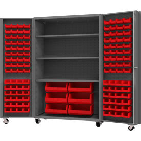 Durham Mfg.® Mobile Heavy Duty Cabinet w/ 3 Shelves & 126 Red Bins 14 Ga. 48