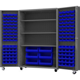 Durham Mfg.® Mobile Heavy Duty Cabinet w/ 3 Shelves & 126 Blue Bins 14 Ga. 48