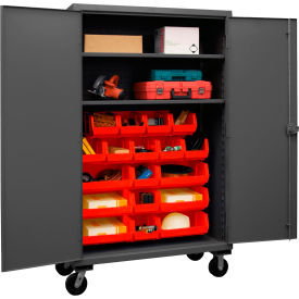 Durham Mfg.® Mobile Cabinet with 2 Adjustable Shelves 18 Red Bins 12 Gauge48