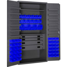 Durham Heavy Duty Work Bin Cabinet 3501524RDR - Flush Doors - 4 Drawers 52 Blue Bins 36 x 24 x 72 3501524RDR-5295