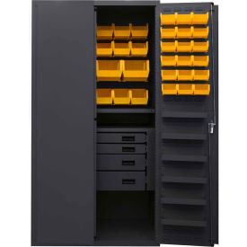 Durham Heavy Duty Work Bin Cabinet 3501584RDR - Flush Doors - 4 Drawers 58 Yellow Bins 36 x 24 x 72 3501584RDR-95