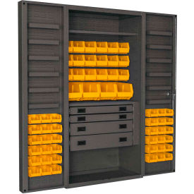 Durham Heavy Duty Work Bin Cabinet DCBDLP584RDR Deep Pocket Doors 4 Drawers 58 Yellow Bins 36x24x72 DCBDLP584RDR-95
