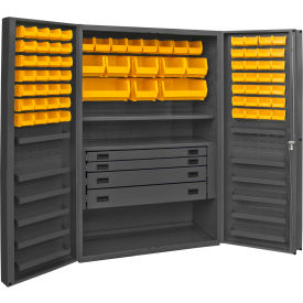 Durham Heavy Duty Work Bin Cabinet DCBDLP724RDR Deep Pocket Door - 4 Drawers 72 Yellow Bins 48x24x78 DCBDLP724RDR-95