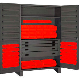 Durham Heavy Duty Work Bin Cabinet JCBDLP694RDR - Flush Doors - 4 Drawers 69 Red Bins 48 x 24 x 78 JCBDLP694RDR-1795
