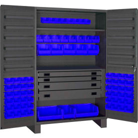 Durham Heavy Duty Work Bin Cabinet JCBDLP724RDR - Flush Doors - 4 Drawers 72 Blue Bins 48 x 24 x 78 JCBDLP724RDR-5295