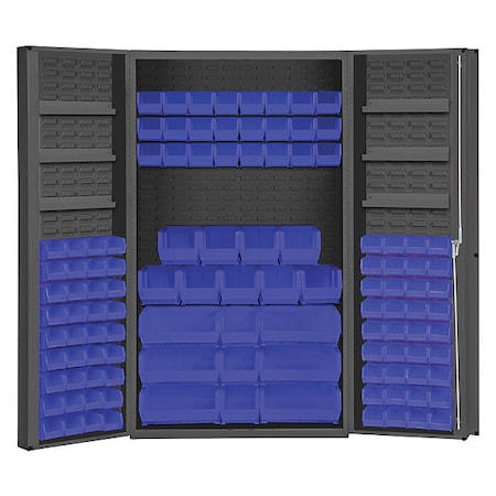 Cabinet with 114 blue Hook-On-Bins, 3 adjustable shelves on each door MPN:DC48-114-6DS-5295