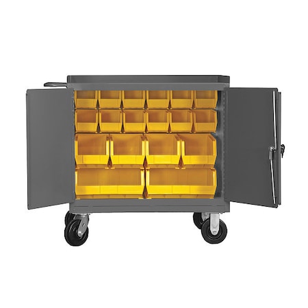 Mobile bench cabinet, louvered panel back, 18 bins, locking doors MPN:3100-BLP-18-95