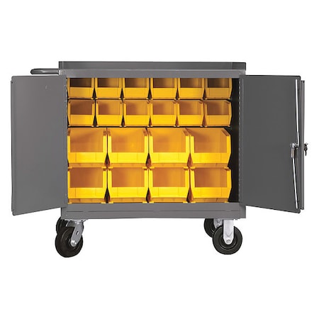 Mobile bench cabinet, louvered panel back, 20 bins, locking doors MPN:3100-BLP-20-95