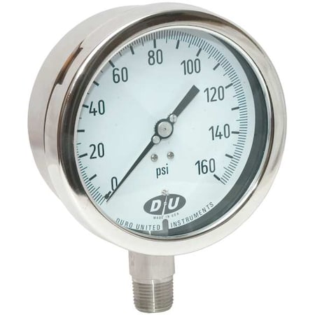 Industrial Pressure Gauge, 0 to 160 psi, 4 1/2 in Dial, 1/2 in NPT, Bottom Location MPN:4207-0633-CERT