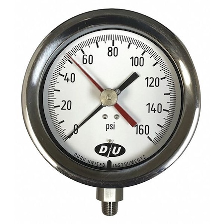 Industrial Pressure Gauge, 0 to 160 psi, 4 1/2 in Dial, 1/4 in NPT, Bottom Location MPN:42070613-MAXHAND