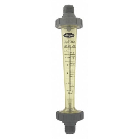 Polycarbonate flowmeter, range 0.5-5 GPM (1.8-18 LPM) water, 1/2