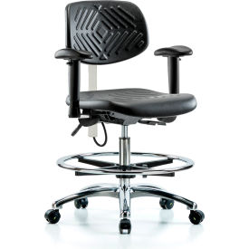 Blue Ridge Ergonomics Polyurethane ESD Medium Bench Height Chair Foot Ring Adjustable Arms Black ESD-PMBCH-CR-T0-A1-CF-EC