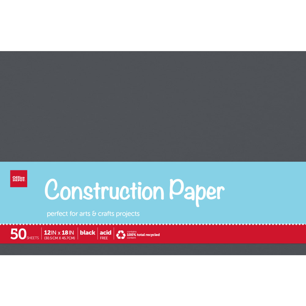 Office Depot Brand Construction Paper, 12in x 18in, 100% Recycled, Black, Pack Of 50 Sheets (Min Order Qty 13) MPN:SI/1020C