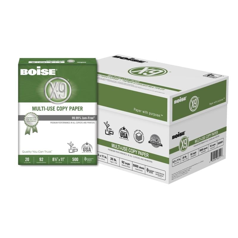 Boise X-9 Multi-Use Printer & Copier Paper, Letter Size (8 1/2in x 11in), 5000 Total Sheets, 92 (U.S.) Brightness, 20 Lb, White, 500 Sheets Per Ream, Case Of 10 Reams (Min Order Qty 2) MPN:OX9001-CTN