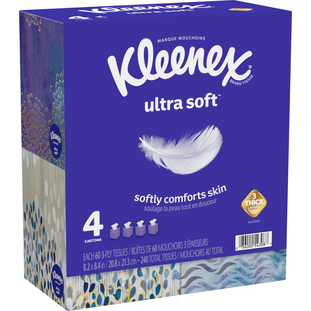 Kleenex Ultra Soft 3-Ply Unscented Tissues, 8-1/4in x 8-7/16in, 65 Per Box, Pack Of 4 Boxes (Min Order Qty 6) MPN:KCC54308