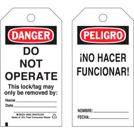 Brady® 65670 Lockout Tag- Danger Do Not Operate Bilingual Engligh/Spanish Cardstock 25/Pack 65670