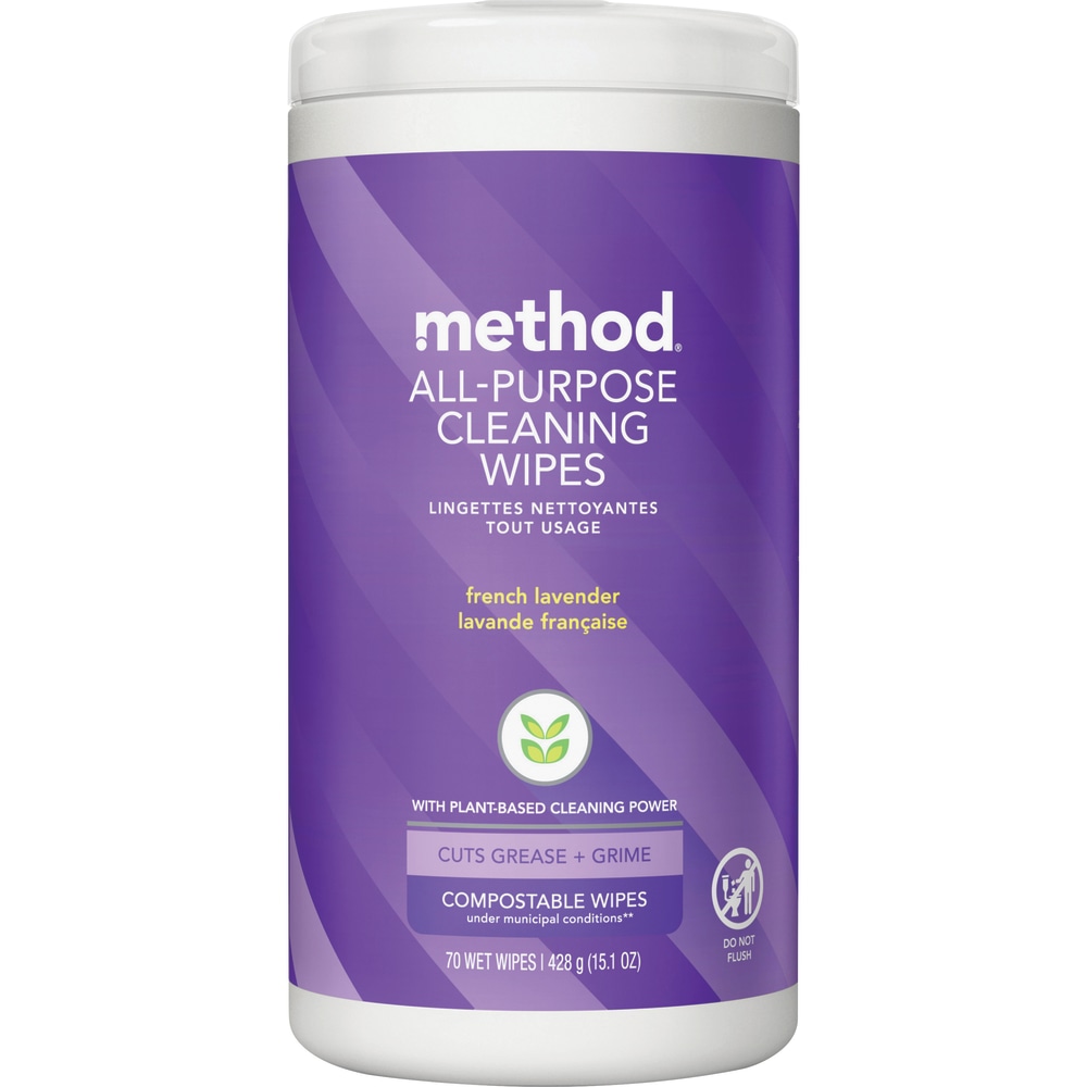 Method Plant-Based Cleaning Wipes, French Lavender Scent, 4in x 4in, 70 Wipes Per Tub MPN:338520