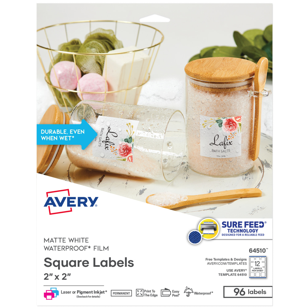 Avery Durable Oil-Resistant Waterproof Print-to-the-Edge Labels With Sure Feed Technology, 64510, 2in x 2in, White, Square, Pack Of 96 Labels MPN:64510