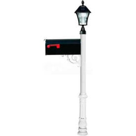 Lewiston E1 Economy Mailbox Post (Ornate Base & Black Solar Lamp) White LPST-700-E1-SL-WHT