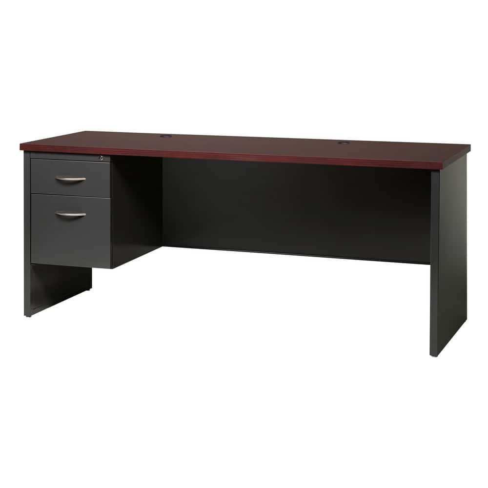 Steel Base Left Pedestal Desk: Woodgrain Laminate Top, Mahogany & Charcoal MPN:20556