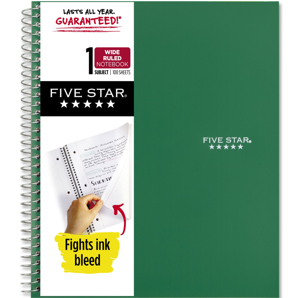 Five Star Wirebound Notebook, 8in x 10-1/2in, 1 Subject, Wide Ruled, 100 Sheets, Forest Green MPN:930010CE1-ECM