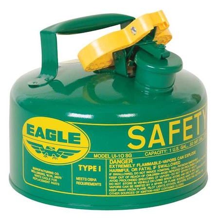 Type I Safety Can, Galvanized Steel, 1 gal, Green, 9 in Dia., Self-Closing Lid, Combustibles MPN:UI10SG